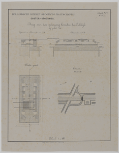 214862 Opstand, doorsneden, plattegrond en situatie van de brug in de Oosterspoorweg over de watergang langs de ...